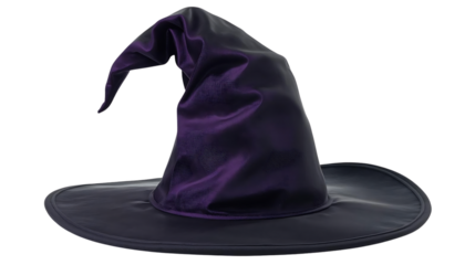 Classic  witch hat with curled tip, realistic fabric texture, isolated on transparent background.
