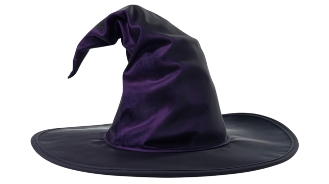Classic  witch hat with curled tip, realistic fabric texture, isolated on transparent background.