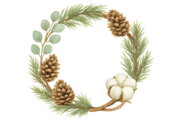 Fototapeta premium Christmas winter wreath with pine cones, cotton and eucalyptus creating festive watercolor botanical arrangement