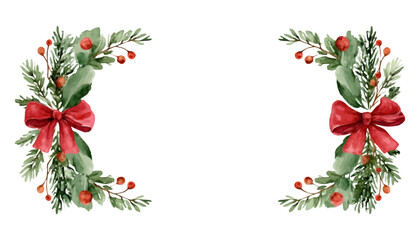 Watercolor cut frame png. Cut frame of fir needles, holly and red berries decorated with a red bow. Frames for holiday greetings, cards and banners.