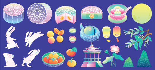 Full-page Mid-Autumn scene with pastries rabbits lotus and moon in hand-drawn flat style