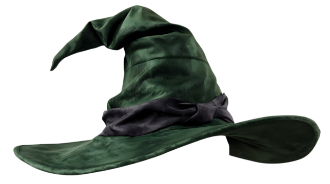 Classic  witch hat with curled tip, realistic fabric texture, isolated on transparent background.