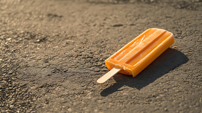 A bright orange ice pop casts a shadow on the ground. Its rectangular shape and wooden stick evoke summer treats and carefree moments. Enjoy the simple pleasures of a refreshing frozen treat. - Powered by Adobe