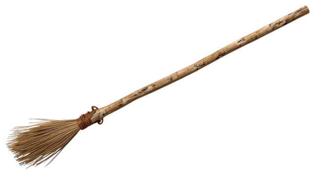 Realistic wooden broomstick with straw bristles, old and rustic, isolated on transparent background