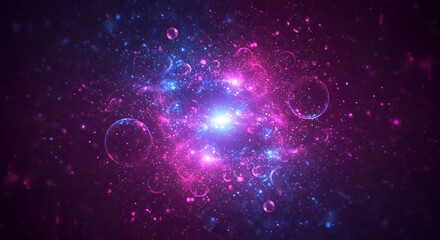 Abstract Cosmic Explosion with Bubbles of Energy in Vibrant Pink and Blue Light.