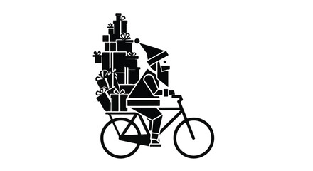 Joyful elf delivers a stack of holiday gifts on a bicycle