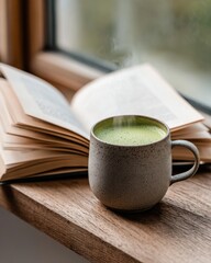 A steaming matcha latte in a ceramic cup placed next to an open book on a wooden windowsill, soft daylight, cozy mood, warm tones