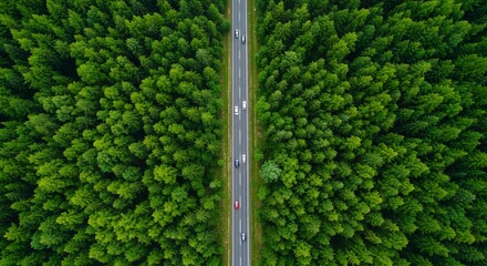 Aerial View of a Road Cutting Through a Lush Green Forest.