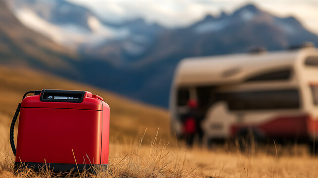A red portable power station sits on a grassy field with a blurred RV and mountains in the background, symbolizing outdoor adventures and off-grid power solutions.