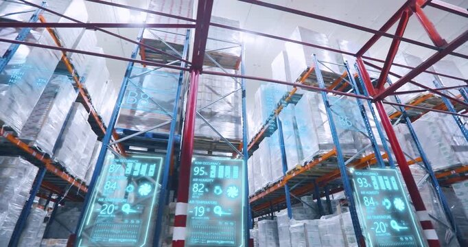 Cold storage food warehouse inside. Smart frozen storage warehouse. Smart cold chain logistics concept. Artificial intelligence manages a warehouse. Futuristic warehouse concept. Automation. 