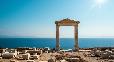 Ancient Greek Temple Remains with Doric Columns  Azure Sea, and Sunny Day.