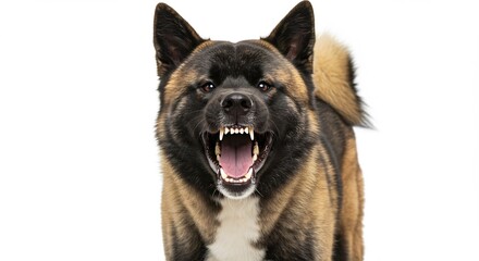 Angry Akita Inu Dog Grinning with CloseUp, and Isolated on a Clean White Background.