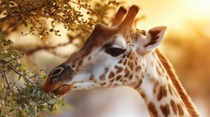 Obraz premium giraffe eating leaves from acacia tree, golden sunset background, warm tones, natural savanna landscape
