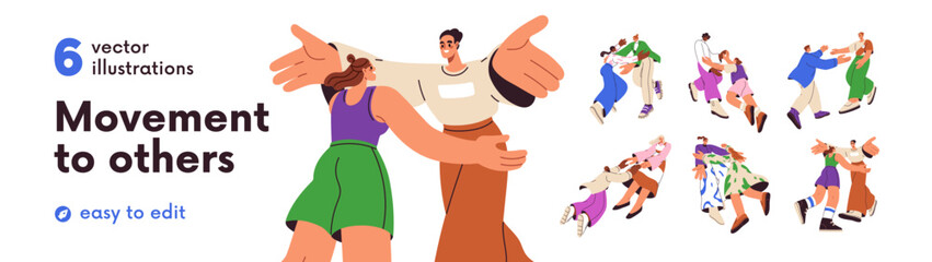 Happy people meeting, going towards to embrace. Friends, couples glad to see each other, hugging, reconciling. Reunion and warm greeting concept. Flat vector illustration isolated on white background