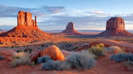 iconic sandstone buttes in Monument Valley rising from red desert, warm sunset light casting long shadows