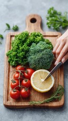 Overhead View Of Fresh Green Vegetables And Red Cherry Tomatoes Arranged On A Wooden Cutting Board A Person Slices A Yellow Lemon With A Knife On A Textured Gray Surface
