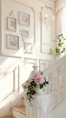 pastel french cottage stairwell, white wall with small framed floral panels, carved railing, lace curtain nearby, natural soft lighting