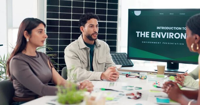 Sustainability, presentation and people in agency with screen, eco friendly strategy or pitch for green project. Team, paper or director in office with tech, recycle plan or goal for carbon footprint