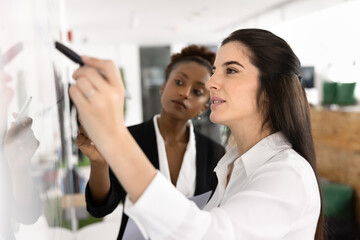 Two concentrated businesswomen creating marketing campaign at glass calendar wall