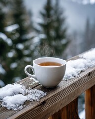 steaming cup of tea on a snow covered wooden railing, mountain forest in background, warm and peaceful winter moment