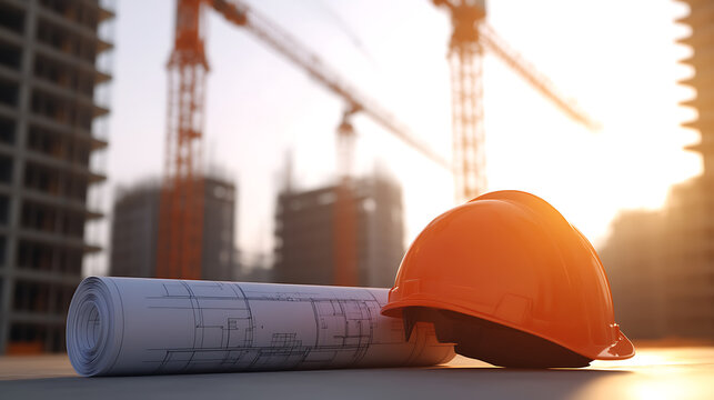 Construction site scene with a blueprint and hard hat. High-rise buildings and cranes in the background. The sunlight adds a warm glow to the scene.