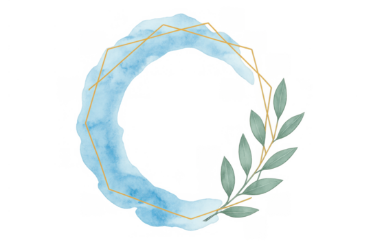 Blue watercolor brush stroke wreath with geometric golden frame and green botanical leaves on transparent background