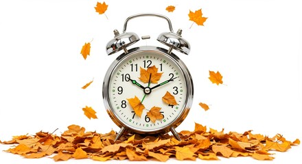 Autumn Time Silver Alarm Clock Surrounded by Falling Golden Leaves with Isolated.