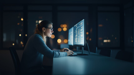 Dedicated female developer writing code on two computer monitors in a modern office at night, focusing on technology and innovation. Concept of hardworking employees working overtime.