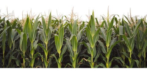 Lush green cornfield, with tall stalks and feathery tassels in full growth, cutout, PNG isolated on white or transparent background
