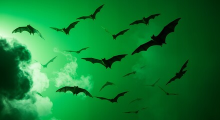 Bats in Green Sky  Halloween Horror  Dramatic Flock Silhouette Scene.