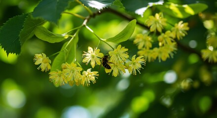 Bee pollinating linden tree flowers in bright sunlight against green bokeh background.