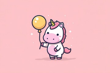 Unicorn Cartoon Holding Moon Balloon. Cute Christmas Mascot in a Flat Style