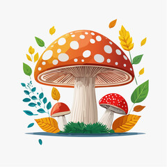 Charming fairy tale mushroom illustration featuring a large orange toadstool and smaller red fungi nestled in moss, surrounded by colorful autumn foliage
