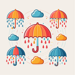 Colorful umbrella illustrations with falling raindrops and stylized clouds, creating a whimsical weather-themed collection for seasonal designs and graphic elements