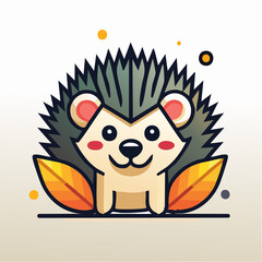 Cute Kawaii Hedgehog Illustration with Autumn Leaves, Adorable Woodland Creature Mascot Art