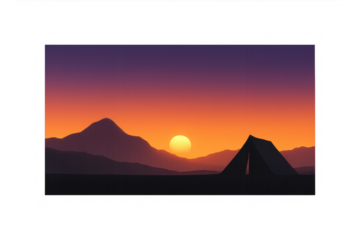 Camping tent standing in silhouette with a full moon rising over distant mountains at an orange and purple sunset. Transparent png