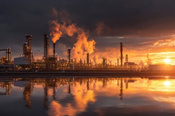 Naklejka premium Wastewater Management. Petrochemical Industrial Estate with Treatment Plant on Sunrise Sky