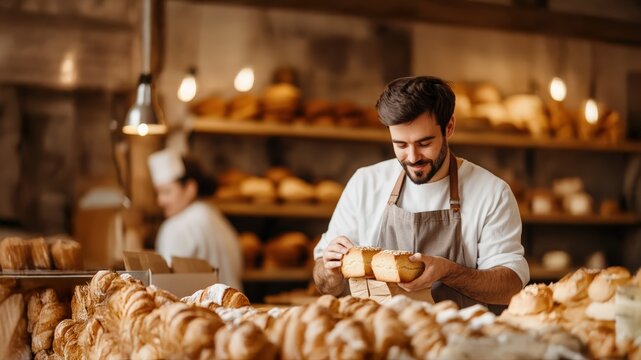 Baker owner smiling while preparing fresh artisan bread loaves in bakery shop. Delicious pastries and croissants fill display. Scene embodies small business dedication and quality food preparation.