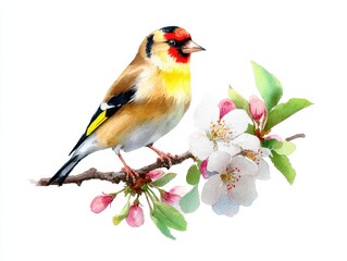 Obraz premium Watercolor Goldfinch. American Goldfinch Bird Sitting on Flower Branch Hand Painted Greeting Card Illustration