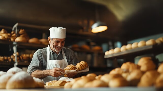 Happy mature male bakery chef prepares artisan bread and pastries in shop filled with baked goods, highlighting handmade food, small business, culinary craftsmanship, and traditional baking atmosphere