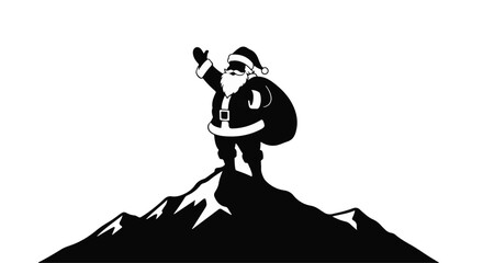 Joyful Santa Claus stands atop a snowy mountain peak, waving happily with a sack of gifts.