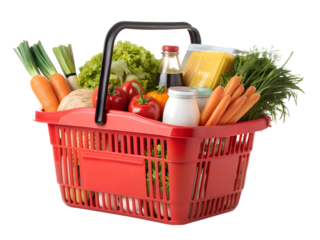 Red Plastic Shopping Basket Overloaded with Groceries, Produce, and Staples