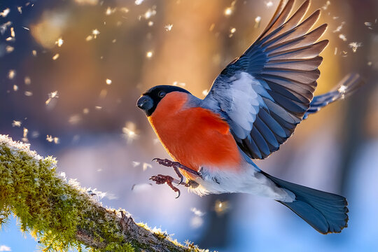 Ein Gimpel mit rotem Bauch landet auf einem Ast