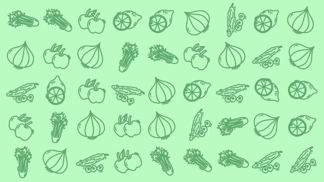 Animated Hand-Drawn Vegetable and Fruit Pattern Loop on Green Background.
