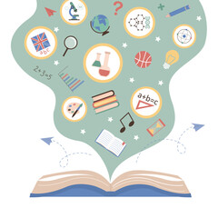 Back to school cartoon design isolated on white background. Various school items and subjects flying from opened textbook. Education, learning process.