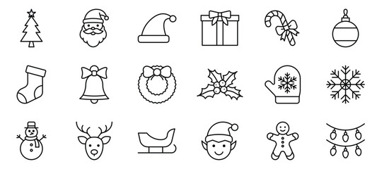 christmas outline icon set with santa gift snowflake ornament lights tree and holiday symbol pack