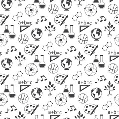 School Subjects Icons seamless pattern. Texture with school education monochrome pictograms. Black signs isolated on white background, wallpaper template.
