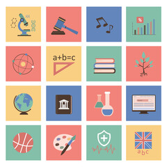 School Subjects Icons and signs set. Collection of pictograms, infographics. Colorful cards on education theme.
