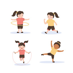 Strong girl doing sports exercises. Cute child in different poses. Set of physical exercises for children. Female character jogging, jumping rope, spin a hula hoop.