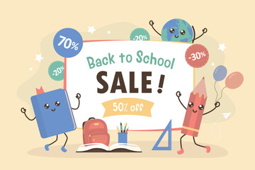 Back to school, season sale. funny characters with school items. colorful school cartoon mascots - pencil, globe, textbook. Promotion campaign, discount,